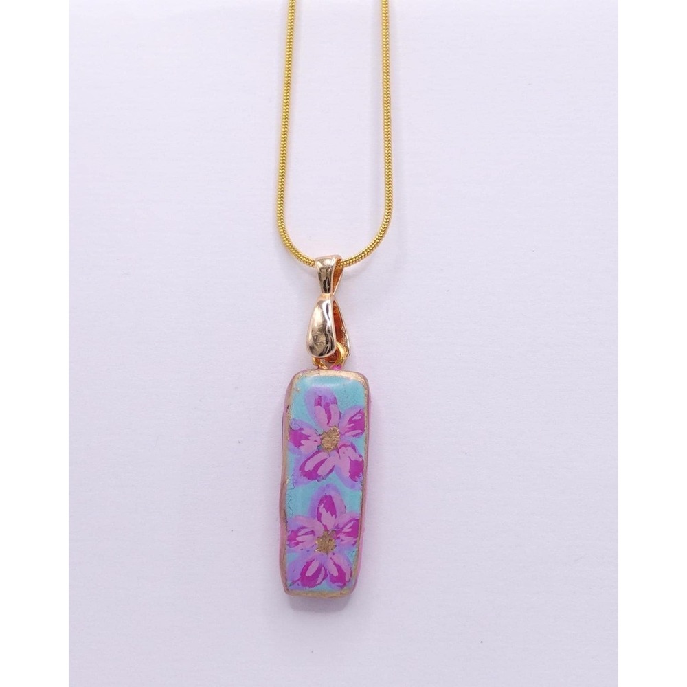 Polymer Clay Teal‎ Pendant Necklace Gold Chain Cottagecore Boho Charm Floral